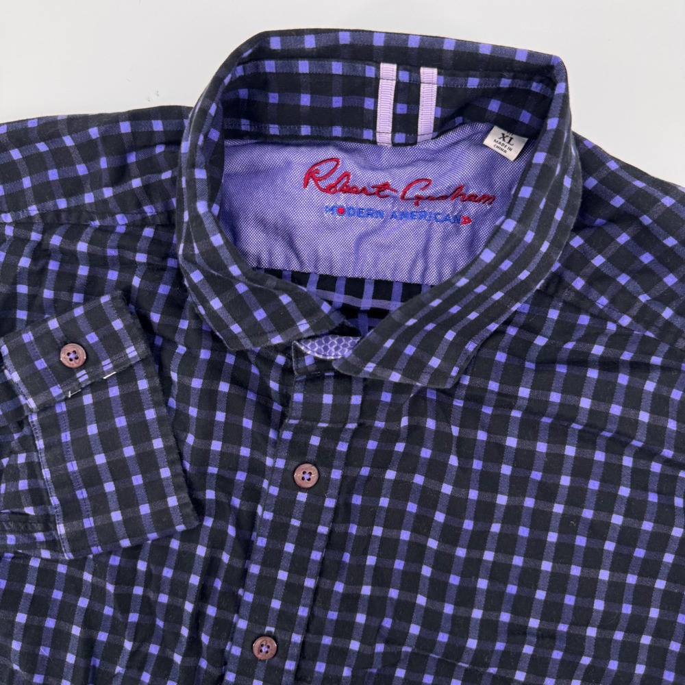 Robert Graham Button Down Shirt Mens XL Purple Black Gingham Tailored Fit Cotton